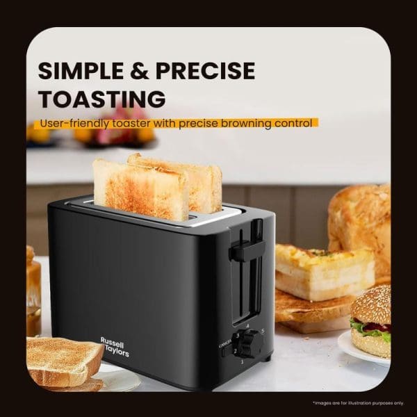 Russell Taylors T2 black 2-slice toaster with golden brown toast, featuring 7-shade browning control dial, displayed with various breads and pastries on kitchen counter.