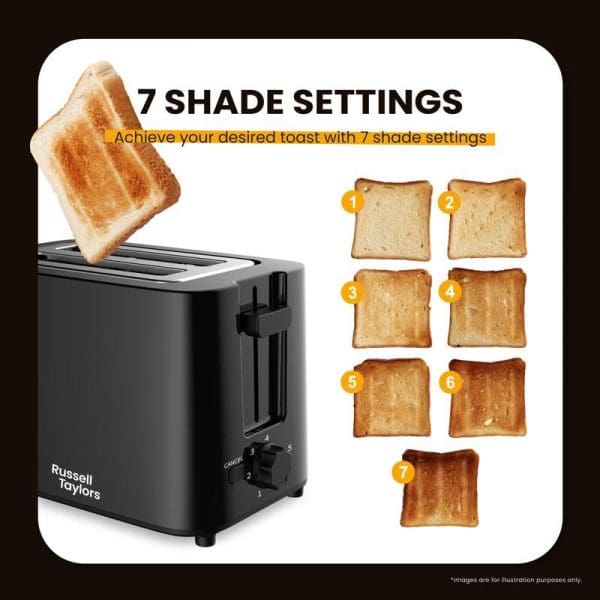 Russell Taylors black 2-slice toaster with 7 browning settings displayed alongside toast samples showing light to dark browning levels from setting 1 to 7.