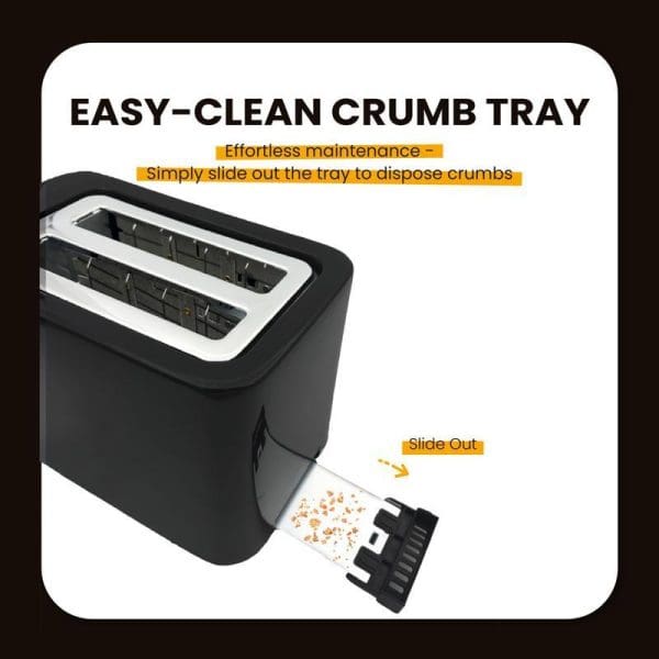 Russell Taylors T2 bread toaster with easy-clean slide-out crumb tray feature highlighted, showing black toaster with removable crumb collection tray for effortless maintenance.