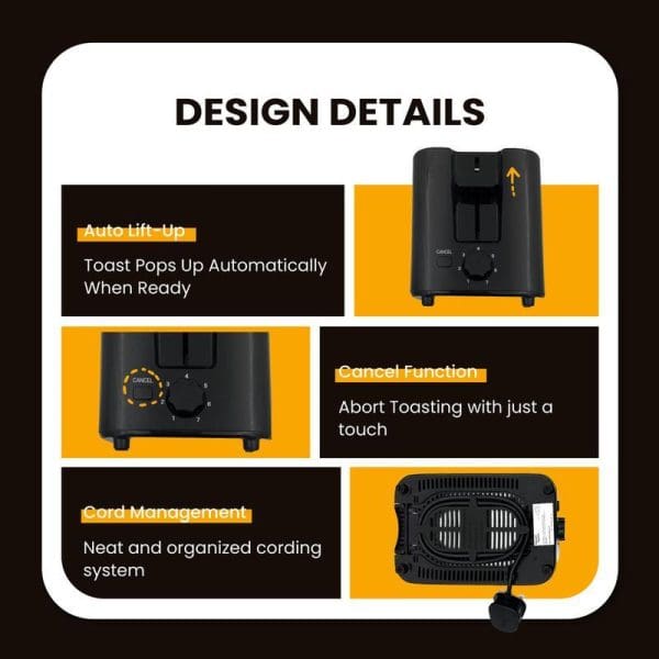 Russell Taylors T2 bread toaster design details showing auto lift-up feature, cancel function dial, and cord management system with product images.