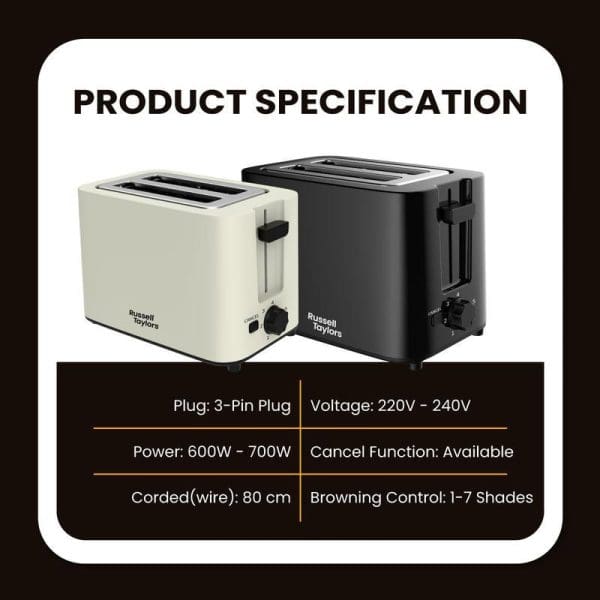 Product specification image showing two Russell Taylors T2 bread toasters in cream and black colors with technical details including 220-240V voltage, 600-700W power, and 7 browning shades.