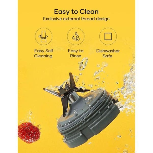 Russell Taylors 7in1 Multi-Food Processor Blender featuring easy-to-clean design with external thread, self-cleaning function, easy rinse capability, and dishwasher safe components on yellow background.