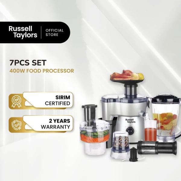 Russell Taylors 7-piece 400W food processor set with blender, juicer attachments, SIRIM certified, 2-year warranty, official store product display on white background.