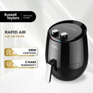 Russell Taylors Rapid Air 4.8L Air Fryer XL AF-34 in black with digital display, SIRIM certified, 2-year warranty, official store product image.
