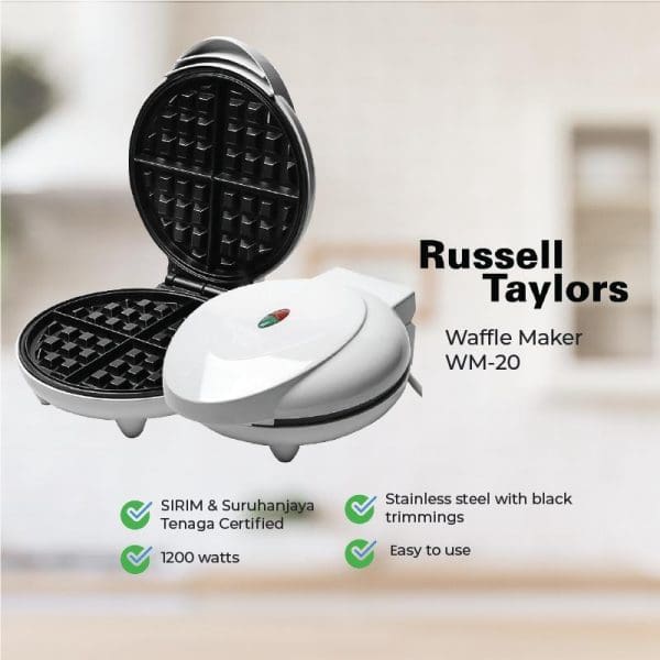 Russell Taylors WM-20 Belgian Waffle Maker with open lid showing non-stick waffle plates, featuring 1200 watts power, stainless steel construction, and SIRIM certified.