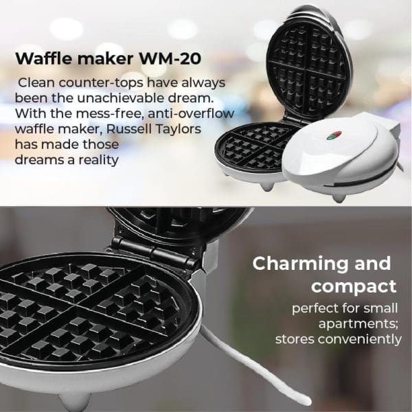 Russell Taylors WM-20 Belgian waffle maker with open lid showing non-stick waffle plates, compact white design, anti-overflow feature for mess-free cooking.