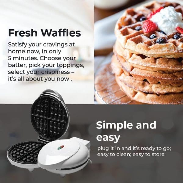 Russell Taylors Belgian Waffle Maker WM-20 with open lid showing waffle plates, alongside stack of fresh waffles with berries and cream toppings.