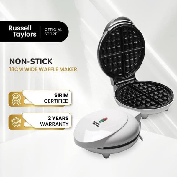 Russell Taylors WM-20 Non-Stick 18cm Wide Waffle Maker in white, showing open waffle plates with grid pattern, SIRIM certified with 2-year warranty.