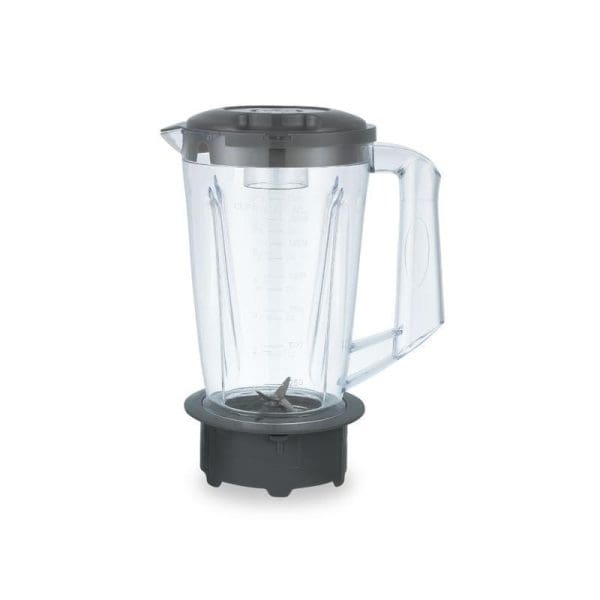 Russell Taylors 1.5L clear plastic blender jar with black base and lid, featuring measurement markings and handle, compatible with TB2 blender model.