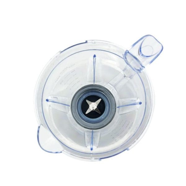 Russell Taylors 1.5L clear plastic blender jar with measuring marks, white blade assembly, and pouring spout, viewed from above on white background.