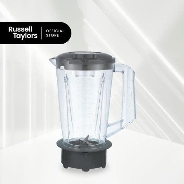 Russell Taylors 1.5L clear plastic blender jar with gray lid and black base for TB2 model against white background with brand logo.