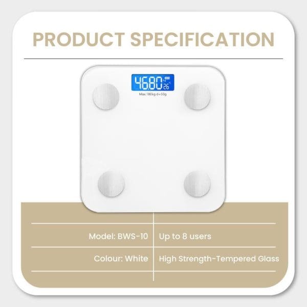 Russell Taylors BWS-10 Bluetooth Body Fat Weighing Scale product specification showing white digital scale with blue LCD display, supports 8 users, tempered glass surface.