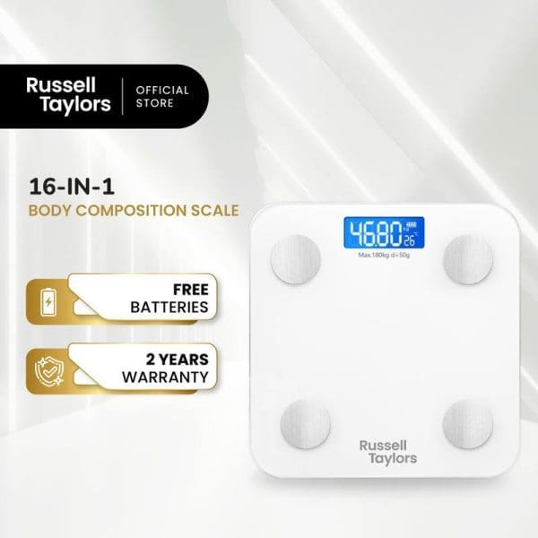 Russell Taylors BWS-10 white Bluetooth body composition scale with blue digital display showing 46.80, featuring 16-in-1 measurements, free batteries, and 2-year warranty.