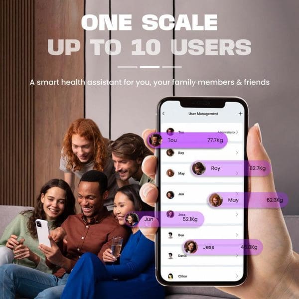Russell Taylors BWS-20 Bluetooth digital body composition scale with smartphone app showing multi-user management for up to 10 users with weight tracking features.