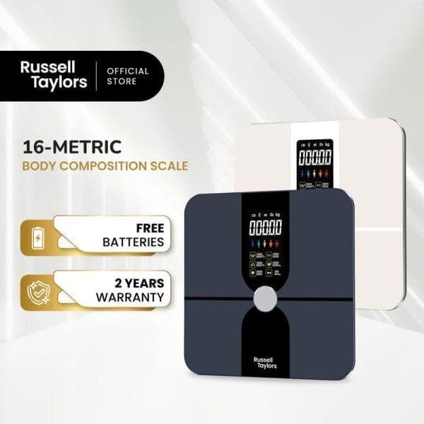 Russell Taylors 16-metric body composition scale in black and white with digital display, featuring free batteries and 2-year warranty benefits.