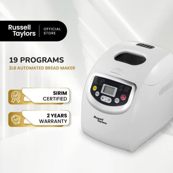Russell Taylors BM-10 white 2LB automated bread maker with digital display, 19 programs, SIRIM certified, 2-year warranty, official store product.
