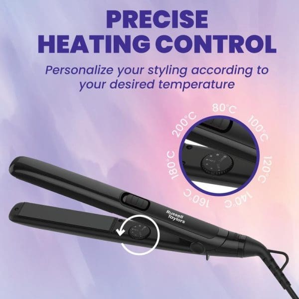 Russell Taylors HS1 black ceramic hair straightener with temperature control dial ranging from 80°C to 220°C, featuring 3D floating plates for precise heating control.