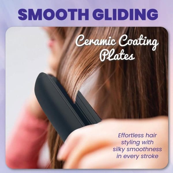 Russell Taylors Ceramic Coating Hair Straightener HS1 with 3D floating plates being used on blonde hair, featuring smooth gliding ceramic coating technology for effortless styling.