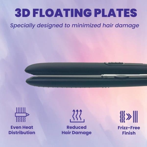 Russell Taylors Ceramic Coating Hair Straightener HS1 featuring 3D floating plates for even heat distribution, reduced hair damage, and frizz-free finish on purple gradient background.
