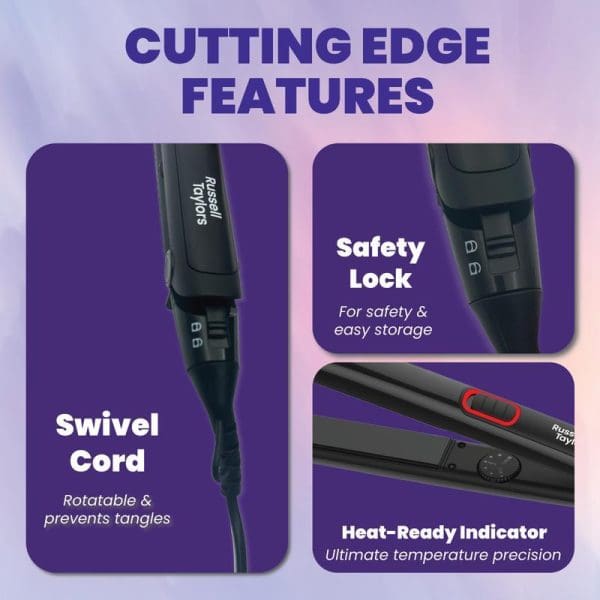 Russell Taylors HS1 hair straightener featuring cutting-edge technology with swivel cord, safety lock, and heat-ready indicator for ultimate styling precision and convenience.