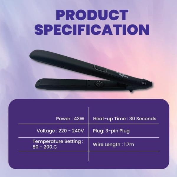 Russell Taylors HS1 ceramic coating hair straightener with product specifications showing 43W power, 220-240V voltage, 80-200°C temperature range, and 1.7m wire length.