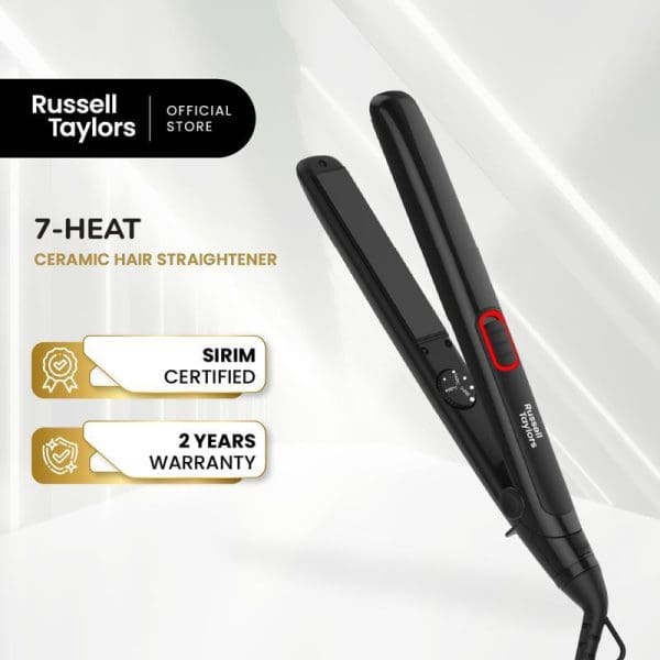 Russell Taylors 7-Heat Ceramic Hair Straightener HS1 with black design, SIRIM certified, 2 years warranty, featuring 3D floating plates and temperature control dial.