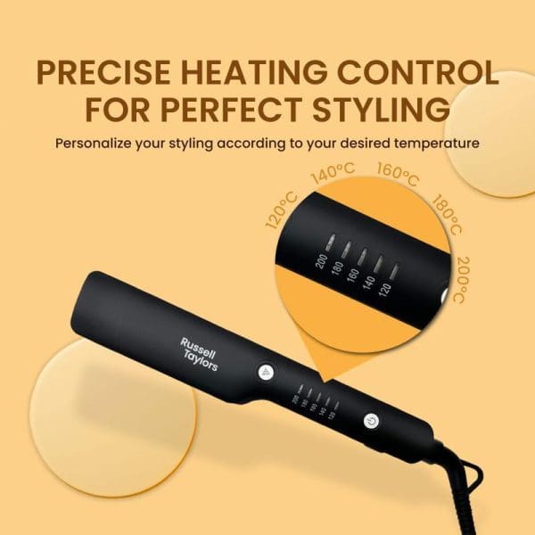Russell Taylors black ceramic hair straightener with precise temperature control display showing settings from 120°C to 200°C for personalized styling on orange background.