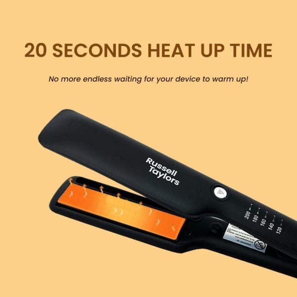 Russell Taylors HS2 black hair straightener with orange ceramic plates and steam infusion technology, featuring 20 seconds heat up time on orange background.