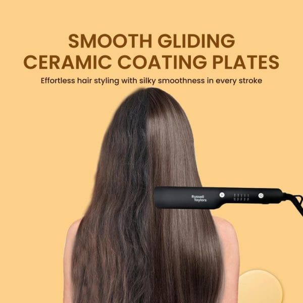 Russell Taylors ceramic coating hair straightener with steam infusion creating smooth, silky straight hair on woman with long brown hair against orange background.
