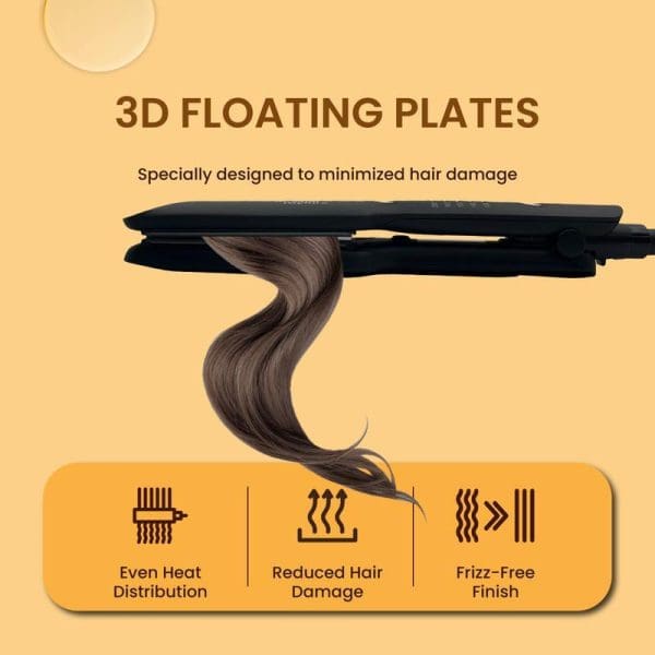 Russell Taylors ceramic hair straightener with 3D floating plates and steam infusion technology, featuring even heat distribution, reduced hair damage, and frizz-free finish capabilities.