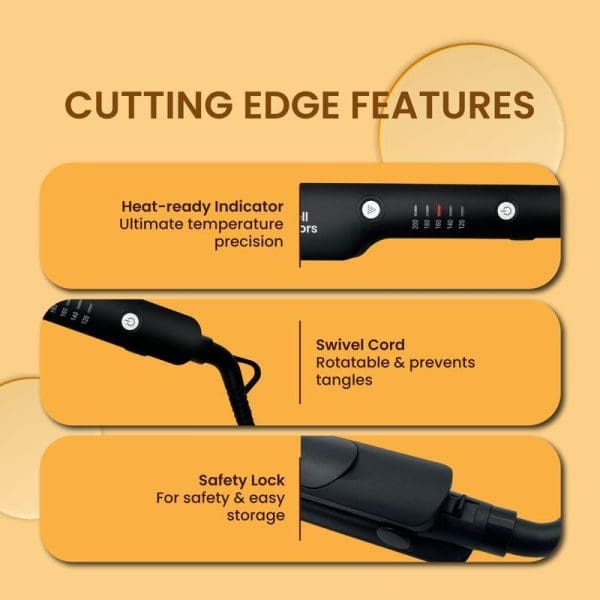 Russell Taylors HS2 ceramic hair straightener features infographic showing heat-ready indicator with temperature precision, swivel cord preventing tangles, and safety lock for storage.