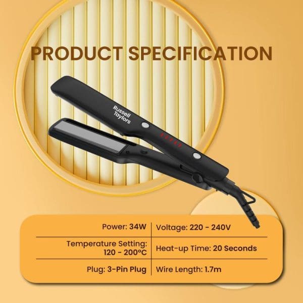 Russell Taylors black ceramic hair straightener with product specifications showing 34W power, 220-240V voltage, 120-200°C temperature range, and 20-second heat-up time.