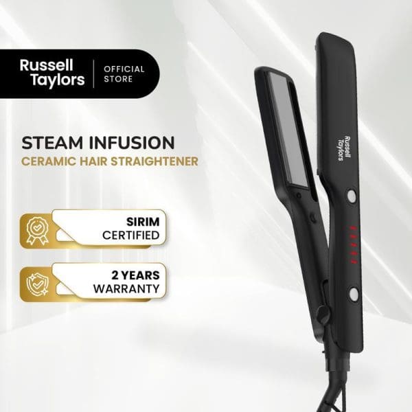 Russell Taylors Steam Infusion Ceramic Hair Straightener in black with SIRIM certification and 2-year warranty displayed on promotional packaging.