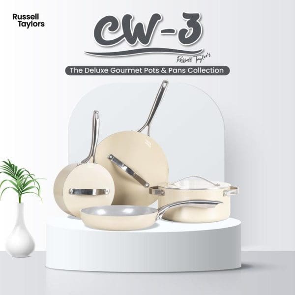 Russell Taylors CW-3 cream-colored ceramic non-stick cookware set including frying pans, saucepans, and casserole with stainless steel handles displayed on white platform.