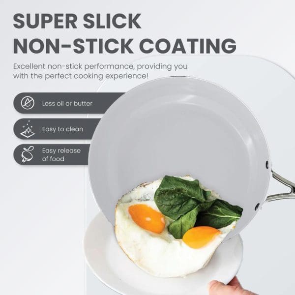 Russell Taylors ceramic non-stick cookware advertisement showing white frying pan with fried eggs and spinach being transferred to plate, highlighting coating benefits.
