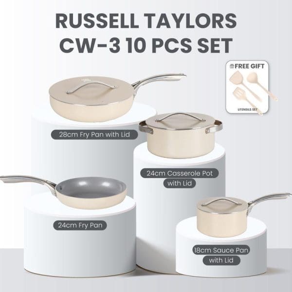 Russell Taylors CW-3 10-piece ceramic non-stick cookware set featuring cream-colored fry pans, sauce pan, and casserole pot with glass lids, plus free utensil gift set.
