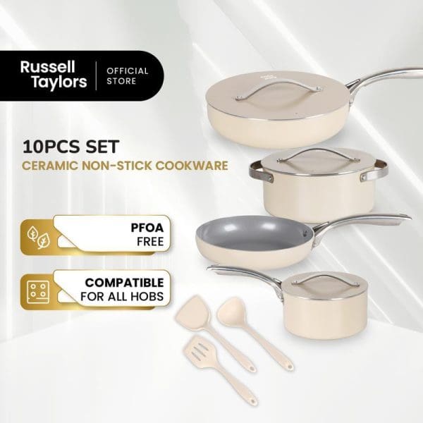Russell Taylors 10-piece ceramic non-stick cookware set including fry pan, sauce pan, casserole with lids and wooden utensils, PFOA-free and hob-compatible.