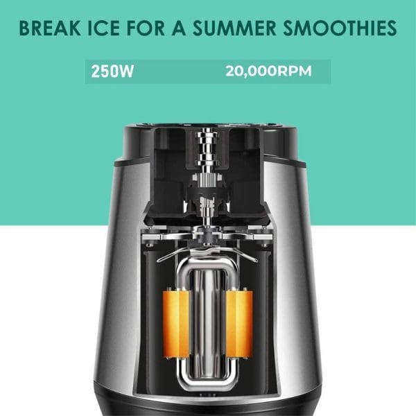 Russell Taylors Compact Personal Blender 600ML with 250W motor and 20,000RPM speed, featuring stainless steel blades and transparent container, marketed for summer smoothies.