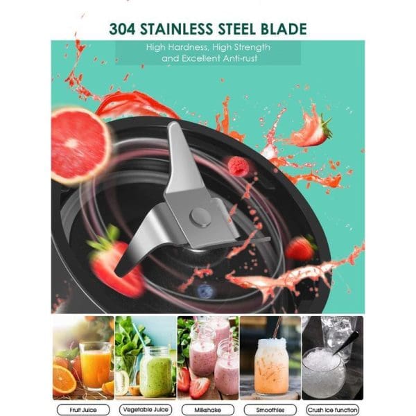 Russell Taylors Compact Personal Blender with 304 stainless steel blade, 600ML capacity, showing fruit blending action and various drink options including juices, smoothies, and milkshakes.