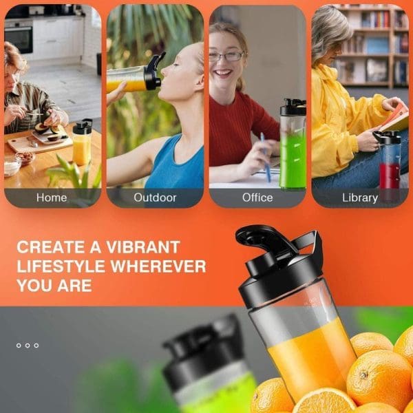 Russell Taylors Compact Personal Blender with 600ML capacity shown in various lifestyle settings - home, outdoor, office, and library with orange juice and fresh oranges.