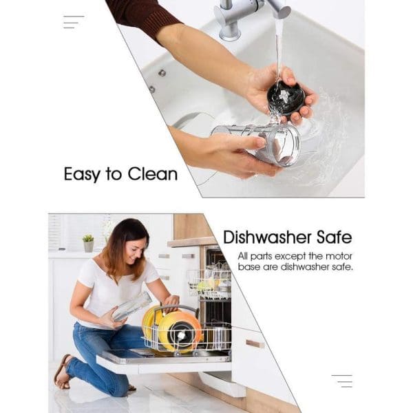 Russell Taylors Compact Personal Blender showing easy cleaning under running water and dishwasher safe parts being loaded into dishwasher by woman in kitchen.