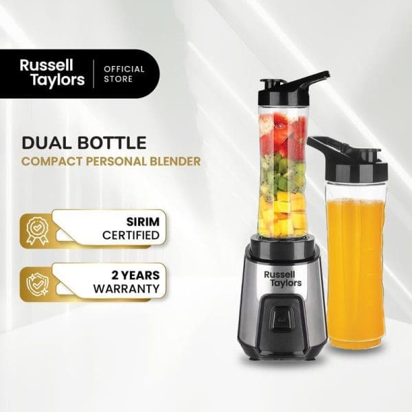 Russell Taylors Dual Bottle Compact Personal Blender with two bottles containing colorful fruits and orange juice, featuring SIRIM certification and 2-year warranty badges.