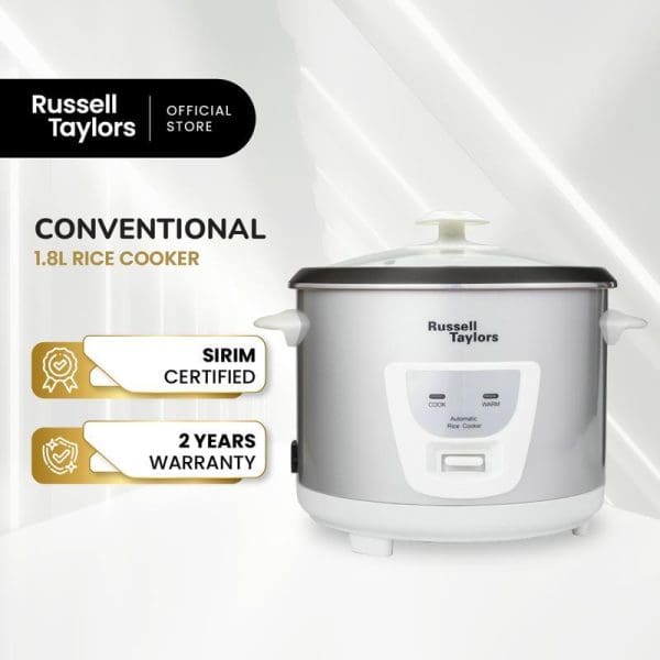 Russell Taylors 1.8L Conventional Rice Cooker in white with SIRIM certification and 2-year warranty, featuring automatic cooking function and steam rack included.