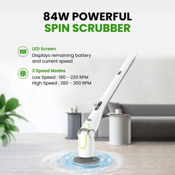 Russell Taylors Cordless Spin Scrubber X3 with 84W power, LED screen, two speed modes, shown on kitchen counter with blue cleaning motion effect.