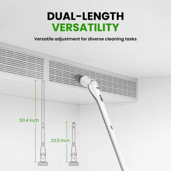 Russell Taylors Cordless Spin Scrubber showing dual-length versatility with 50.4 inch and 23.5 inch configurations for cleaning ceiling vents and diverse tasks.