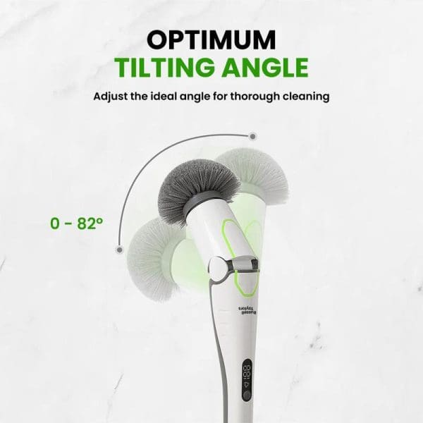Russell Taylors Cordless Spin Scrubber with optimum tilting angle feature showing 0-82° adjustment range and multiple brush heads for thorough cleaning applications.