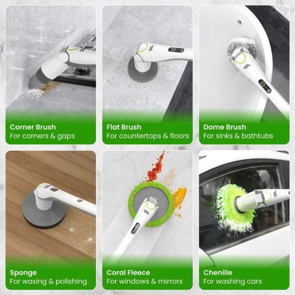 Russell Taylors Cordless Spin Scrubber with six interchangeable brush heads: corner brush, flat brush, dome brush, sponge, coral fleece, and chenille for versatile cleaning.