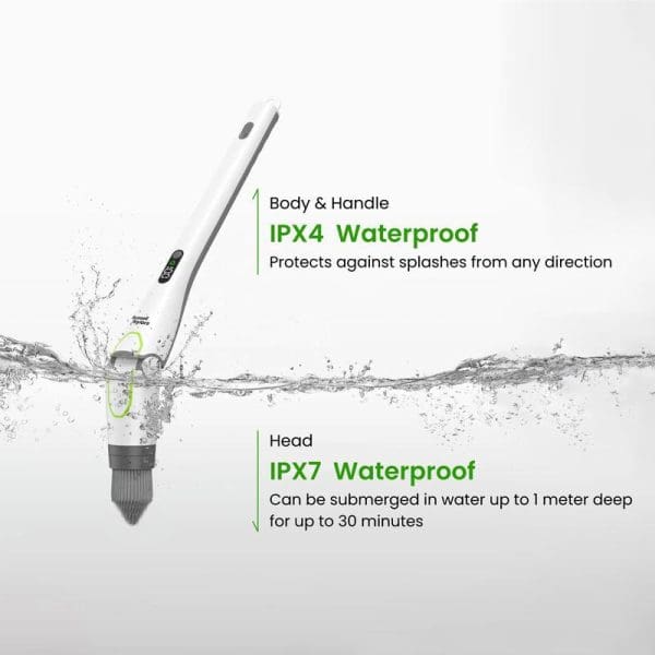 Russell Taylors Cordless Spin Scrubber X3 with IPX4 waterproof body and IPX7 waterproof head submerged in splashing water, showing waterproof capabilities and cleaning attachments.