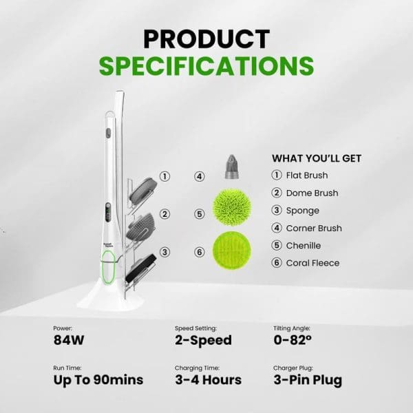 Russell Taylors Cordless Spin Scrubber X3 product specifications showing 6 attachments, 84W power, 2-speed settings, 90-minute runtime, and 3-4 hour charging time.