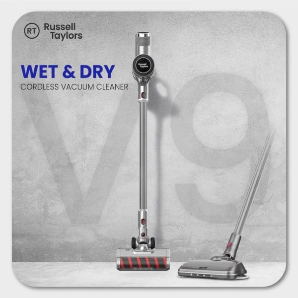 Russell Taylors wet and dry cordless vacuum cleaner with detachable handheld unit, featuring silver design and red accent cleaning head on product packaging.